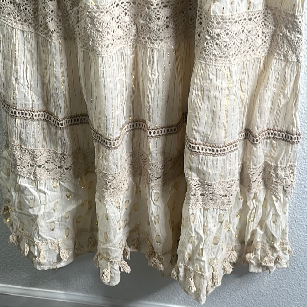 Me 2 magic Elegant ivory metallic tiered crochet Maxi Dress s xL boho vacation - Picture 7 of 16